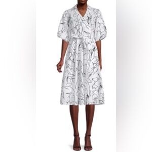 Tahari Black and White Patterned dress with belt ballon sleeves great condition